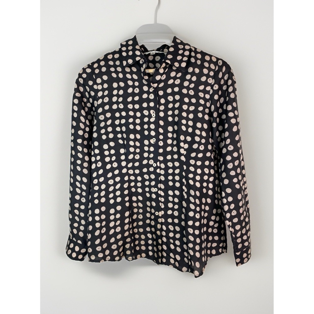 CAbi 664 Women's Size S Black Ivory Polka Dot 100% Silk Button Up Shirt